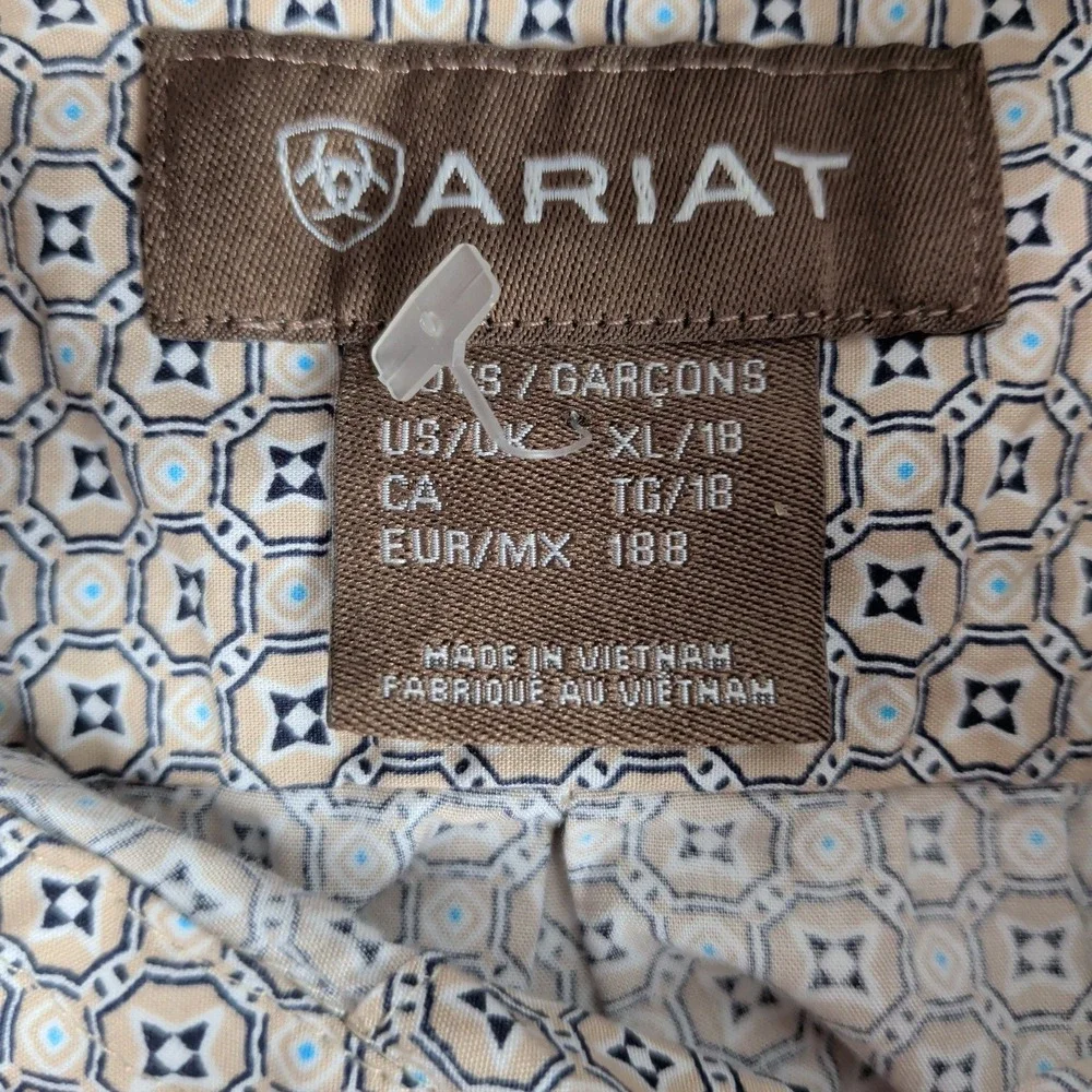 Ariat Boys Earnest Geometric Medallion Button Down Shirt XL 18 Tan Western Rodeo